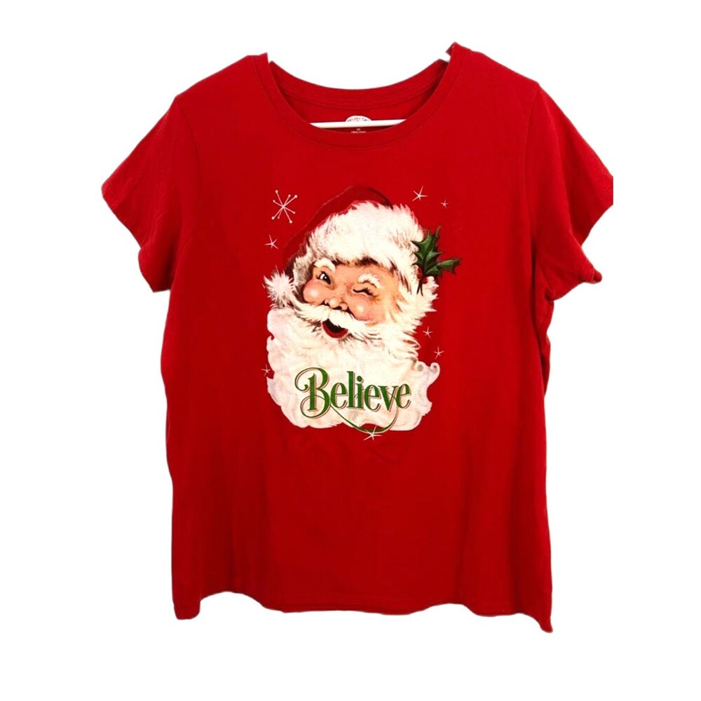 Holiday Time Red “Believe” Santa Claus Graphic T-Shirt Size 2X